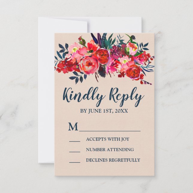 Tarjeta de respuesta Boho Red Floral RSVP (Anverso)