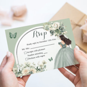 Tarjeta de respuesta Boho Sage Verde Rosas Blancas