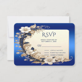 Tarjeta de respuesta con adorno floral azul blanco