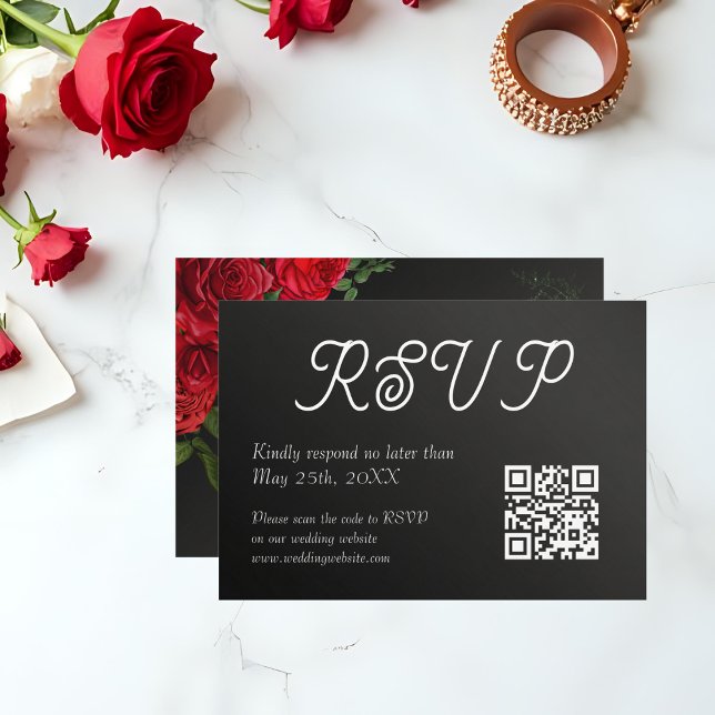 Tarjeta de respuesta con código QR para boda de ro (Sleek RSVP card with QR code, black background and rose accents.)