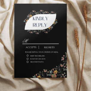 Tarjeta de respuesta con comidas y flores negras b