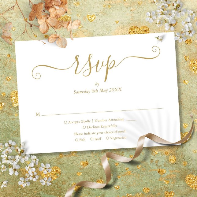 Tarjeta de respuesta con elegante letra dorada (Elegant Modern Chic Script Gold Wedding RSVP Card)
