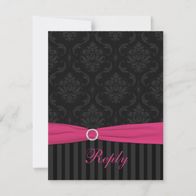Tarjeta de respuesta Damask Gris Rosa Negro Rayas  (Anverso)