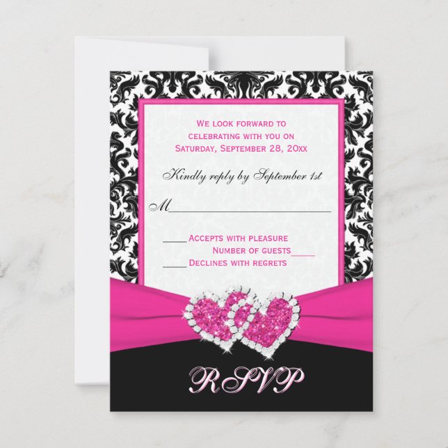 Tarjeta de respuesta Damask Negro, Blanco, Rosa y  (Anverso)