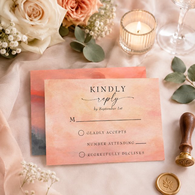 Tarjeta de respuesta de acuarela rústica para pues (Set a beautiful tone for your outdoor celebration with this mountain sunset wedding RSVP reply card.)