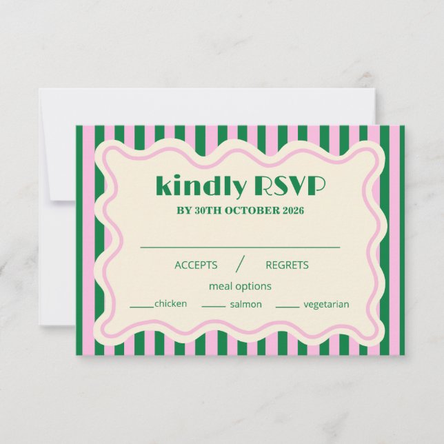 Tarjeta de respuesta de boda a rayas retro moderna (Anverso)