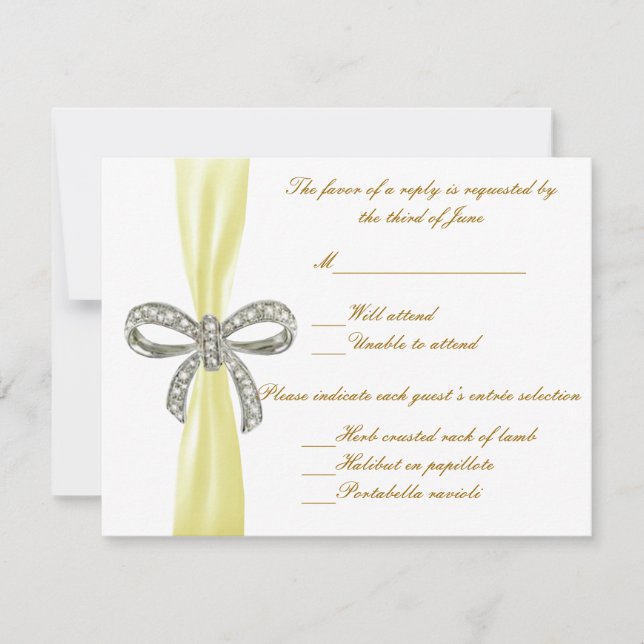 Tarjeta de respuesta de Boda Amarillo Diamond Bow (Anverso)