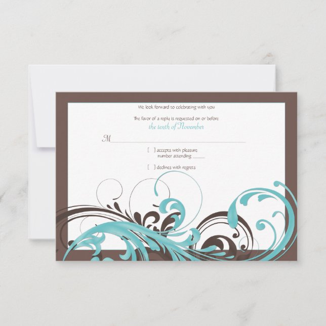Tarjeta de respuesta de boda Aqua Azul, Floral Mar (Anverso)