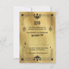 Tarjeta de respuesta de boda Art Deco años 20 dora