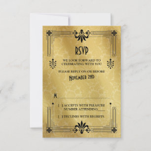 Tarjeta de respuesta de boda Art Deco años 20 dora