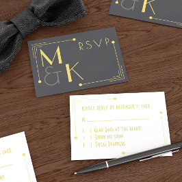 Tarjeta de respuesta de boda Art Déco negro dorado