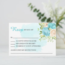 Tarjeta de respuesta de boda azul acuatica con flo
