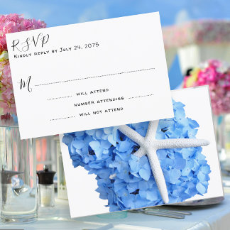 Tarjeta de respuesta de boda azul de jardín junto