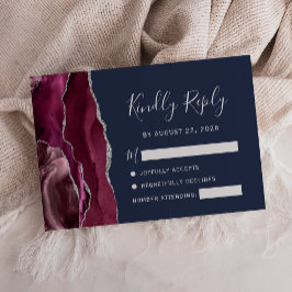 Tarjeta de respuesta de boda azul marino con ágata