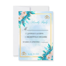 Tarjeta de respuesta de boda azul real y dorada