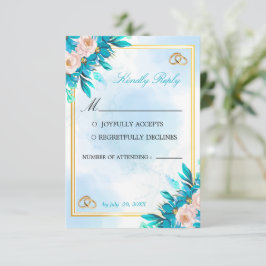 Tarjeta de respuesta de boda azul real y dorada