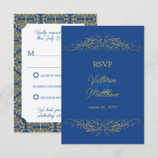 Tarjeta de respuesta de boda Bleu y oro con florit