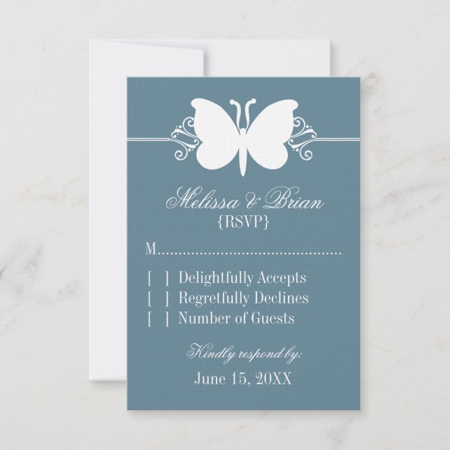 Tarjeta de respuesta de Boda Blue Butterfly Swirls (Anverso)
