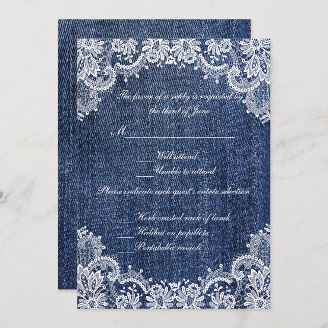 Tarjeta De Respuesta De Boda Blue Jean Denim Y Lac (Anverso / Reverso)