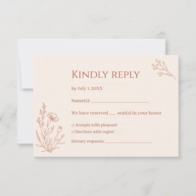 Tarjeta de respuesta de boda boho con arco de terr (Anverso)