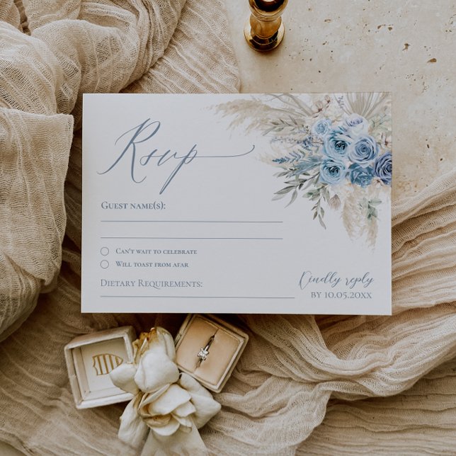 Tarjeta de respuesta de boda boho de hierba de pam (Dusty Blue Pampas Grass Boho Wedding RSVP Reply Card)