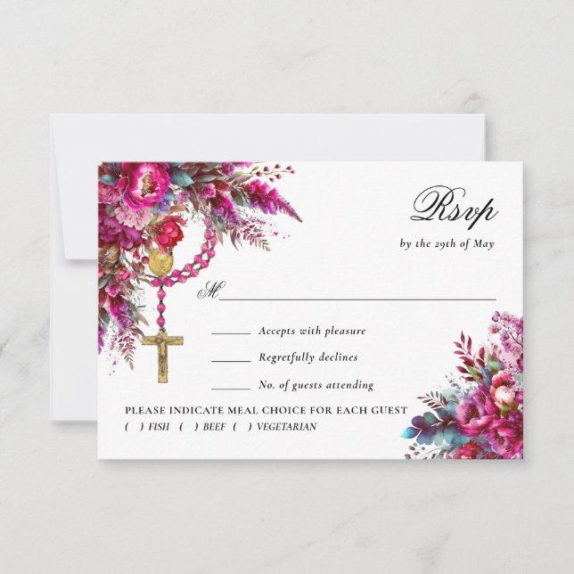 Tarjeta de respuesta de Boda católica magenta en n (Anverso)