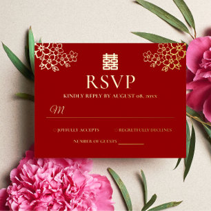 Tarjeta de respuesta de boda china floral roja de