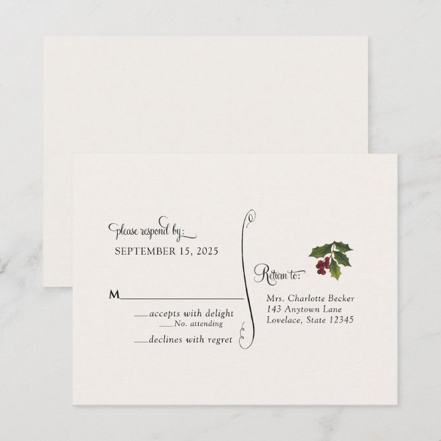 Tarjeta de respuesta de boda con acebo de Navidad (Anverso / Reverso)