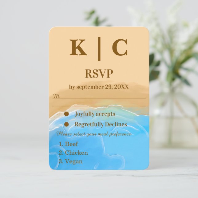 Tarjeta de respuesta de boda con acuarela de playa (Anverso de pie)