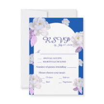 Tarjeta de respuesta de boda con arco floral azul