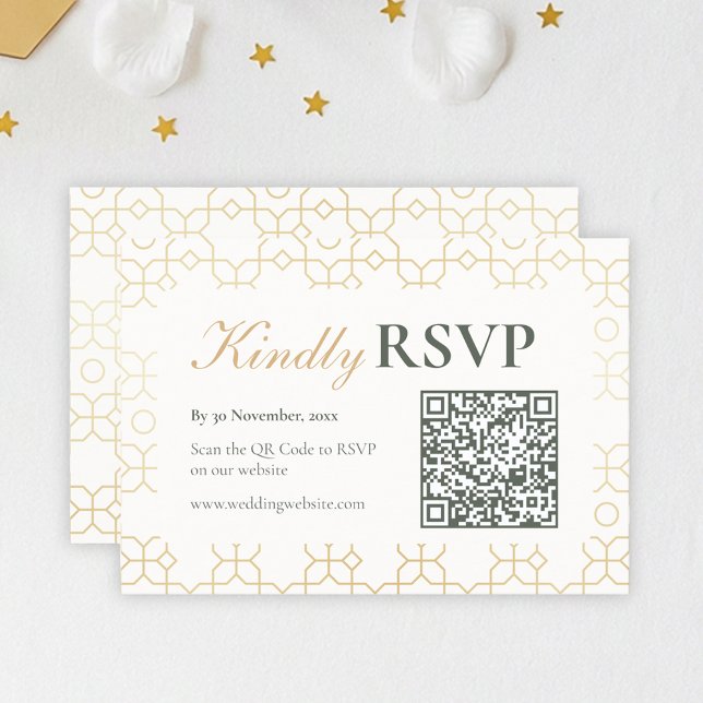 Tarjeta de respuesta de boda con arco geométrico d (Gold & Ivory Geometric Art Deco Wedding Kindly RSVP with Barcode)