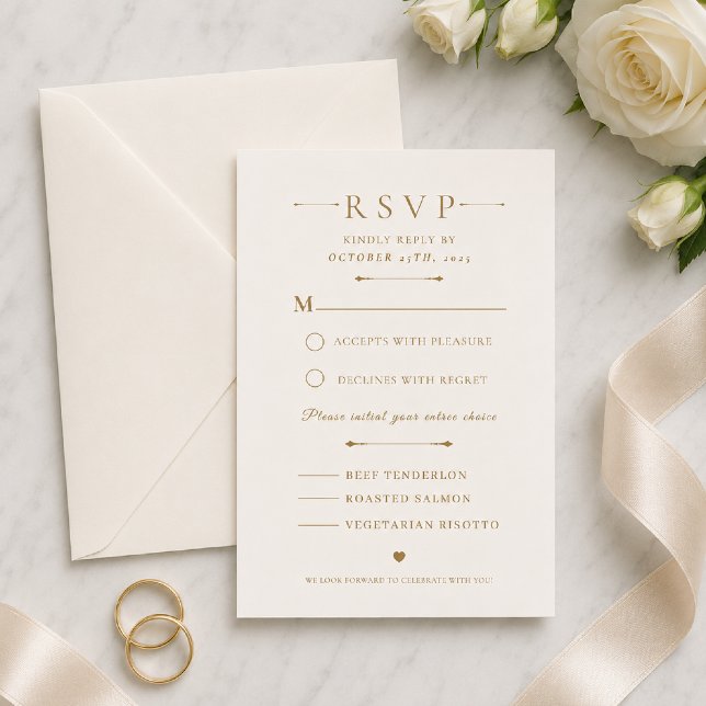Tarjeta de respuesta de boda con aspecto minimalis (Elegant gold RSVP card styled with timeless minimalist wedding details.)