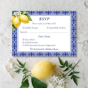 Tarjeta de respuesta de boda con azulejo azul y li