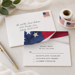 Tarjeta de respuesta de boda con bandera estadouni