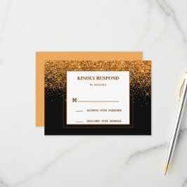 Tarjeta de respuesta de boda con brillo dorado