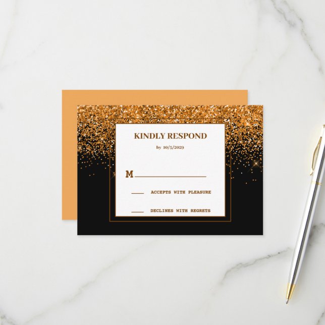 Tarjeta de respuesta de boda con brillo dorado (Anverso/Reverso In Situ)