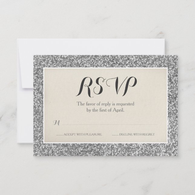 Tarjeta de respuesta de boda con brillo plateado e (Anverso)