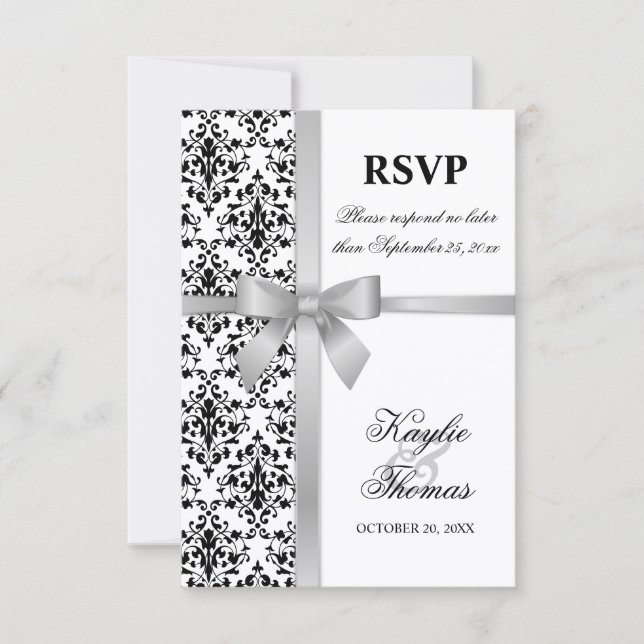 Tarjeta de respuesta de boda con cinta de plata de (Anverso)
