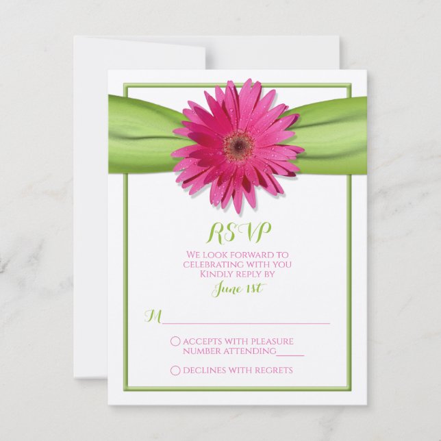Tarjeta de respuesta de boda con cinta verde y mar (Anverso)