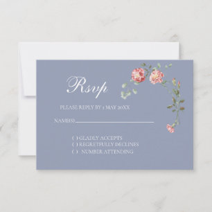 Tarjeta de respuesta de boda con claveles y azul
