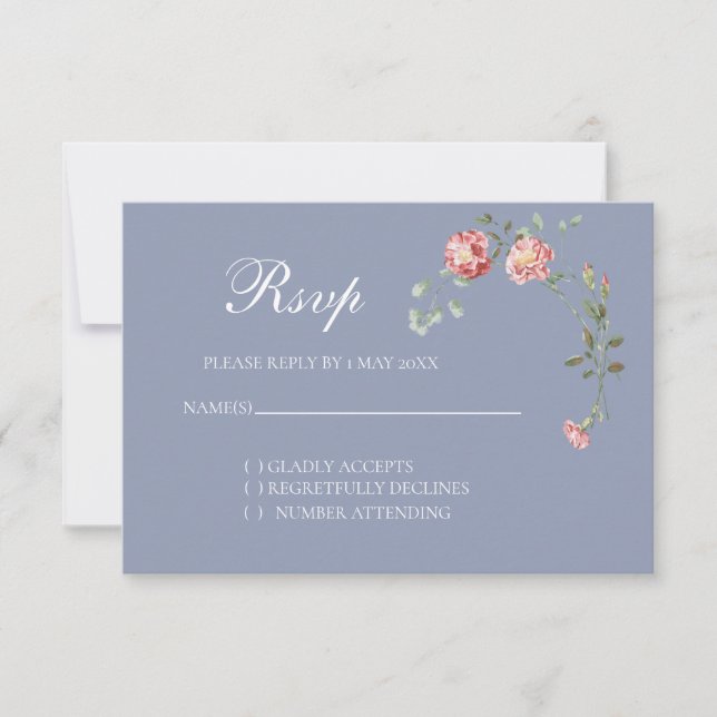 Tarjeta de respuesta de boda con claveles y azul (Anverso)