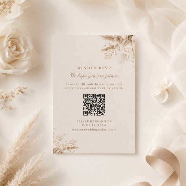 Tarjeta de respuesta de boda con código QR Champán (Ivory Roses Champagne Beige QR Code Wedding RSVP Card)