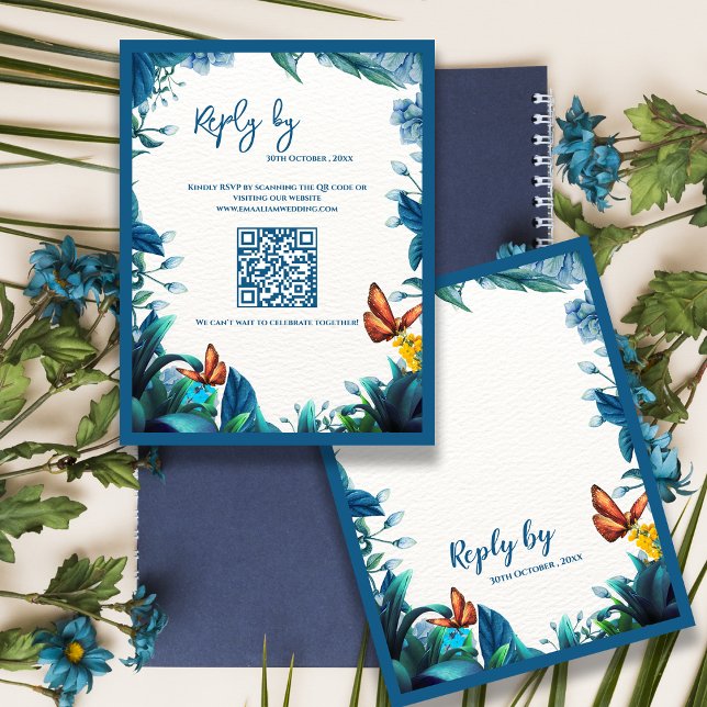 Tarjeta de respuesta de boda con código QR de mari (Blue Botanical Butterfly QR Code Wedding reply By RSVP Card)