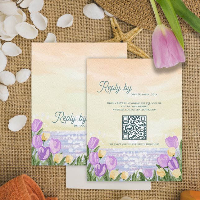 Tarjeta de respuesta de boda con código QR de tuli (Watercolor Tulip Spring QR Code Wedding reply By RSVP Card)