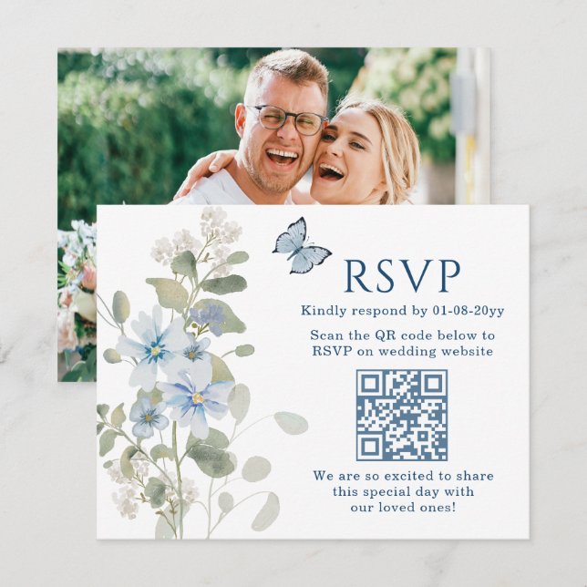 Tarjeta de respuesta de boda con código QR floral  (Anverso / Reverso)