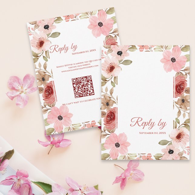 Tarjeta de Respuesta de Boda con Código QR Floral  (Blush Pink Floral QR Code Wedding Reply By RSVP Card)