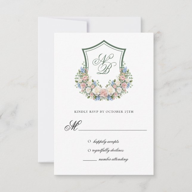 Tarjeta de respuesta de boda con cresta floral azu (Anverso)