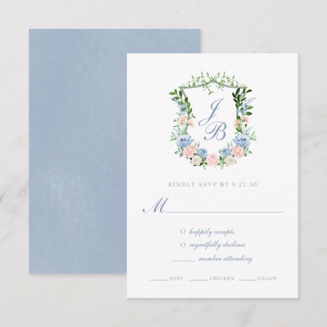 Tarjeta de respuesta de boda con cresta floral azu (Anverso / Reverso)