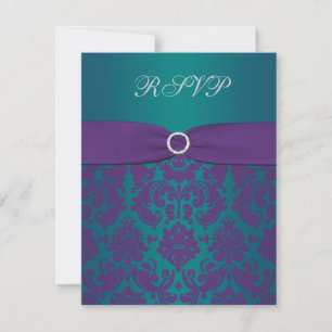 Tarjeta de respuesta de boda con damasco púrpura y