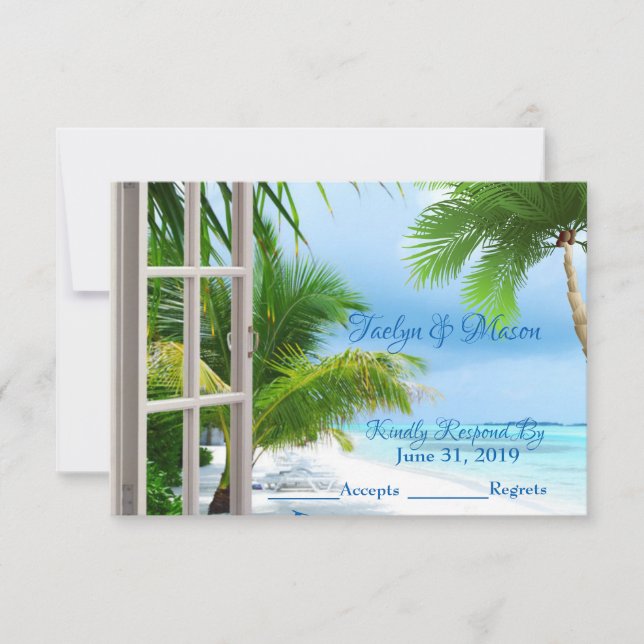 Tarjeta de respuesta de boda con escena de playa d (Anverso)